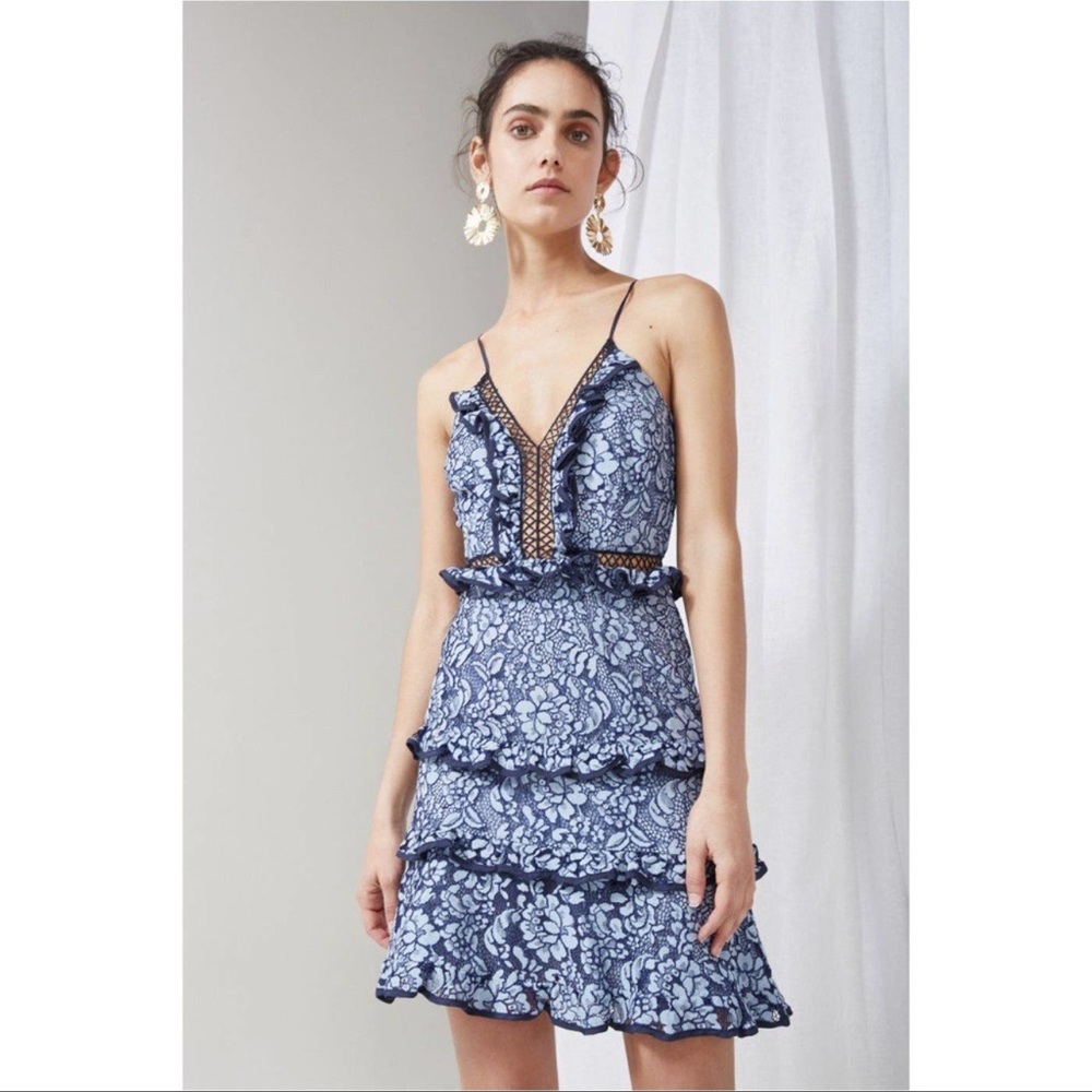 Blue Floral Lace Tiered Spaghetti Strap Dress
